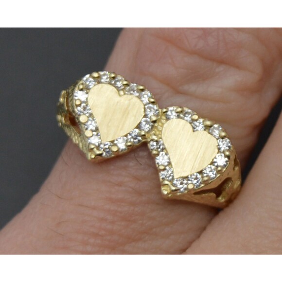 Real 10K Solid Yellow Gold CZ Double Heart ID Ring Engraving 2.6gr All Sizes - Picture 2 of 5